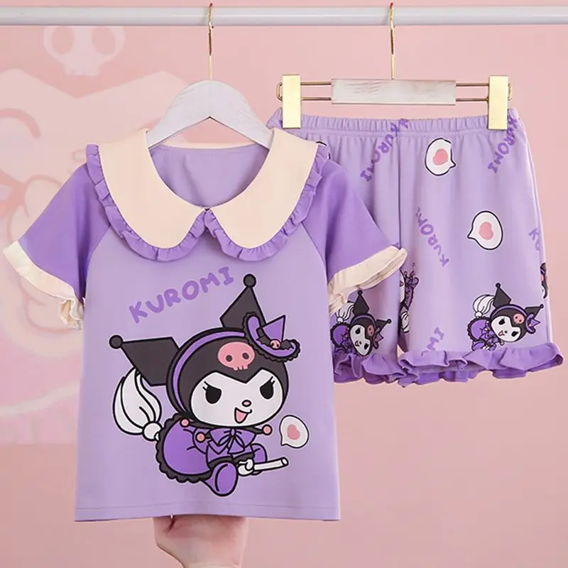

Модная Пижама Sanrio для девочек Kawaii Kuromi Hello Kitty Мультяшные детские пижамы с коротким рукавом из чистого хлопка Домашняя одежда подарки