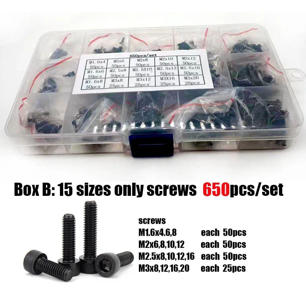 400/2100X M1.6 M2 M3 M4 M5 Black12.9 Grade Steel Allen Hexagon Hex Socket Cap Head Screw Bolt Nut Washer Set Assortment Kit Box