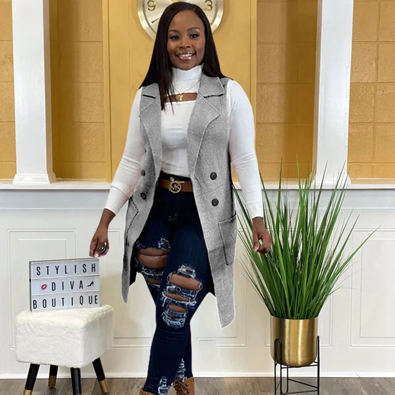 Women Solid Knitted Rib Sleeveless Vest Double Breasted Notched Neck Oversized Sweater Cardigan Vest Casual Outwear Trench