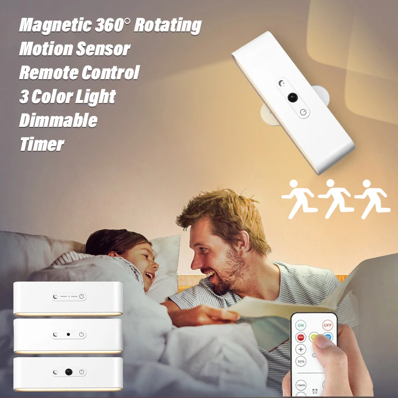 LED Night Light Magnetic 360Â° Rotate Wall Lamps 3 Color Dimmable Type-C Rechargeable Touchable Wall Sconce Bedroom Reading Light