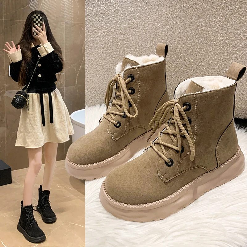 

New 2023 Winter Modern Women Keep Warm Fashion Khaki Lace Up Platform Boots Plush Warm Non Slip Shoes for Women Color Matching
