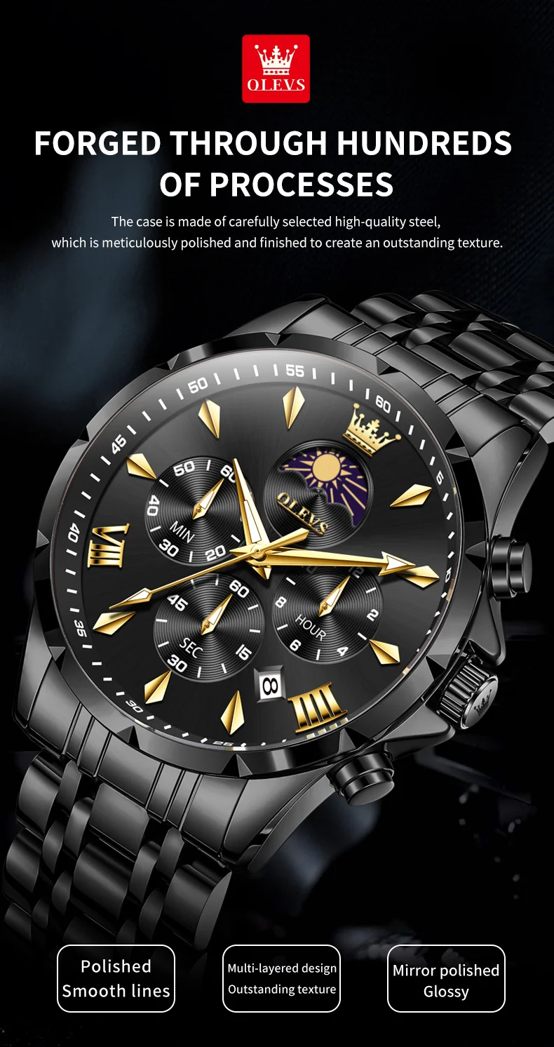 OLEVS 3653 Moon Phase Men Watch Luxury Brand Quartz Watch Fashion Original Waterproof Luminous 24-hour Automatic Date Men Watch