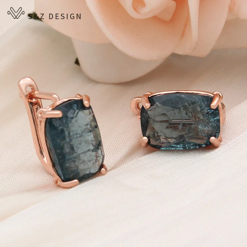 S&Z DESIGN New Fashion Rectangle Ice Crack Crystal Dangle Earrings For Women 585 Rose Gold Color Wedding Jewelry Eardrop