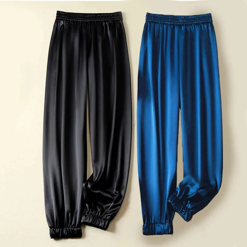 WomenSweatpantssummercoolPantsFemaleSolidSatinPantsLoose