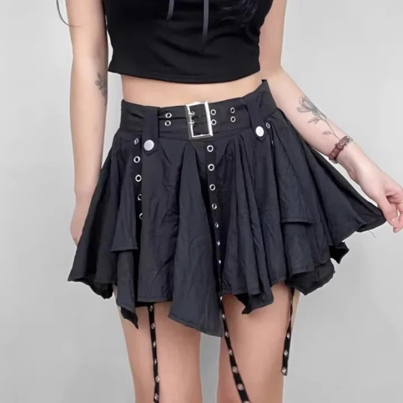 Women Crumpled Layer Mini Skirt with Belt Strap Elastic Back Asymmetrical Short Skirt Grunge e-Girl Y2K Acubi Outfit
