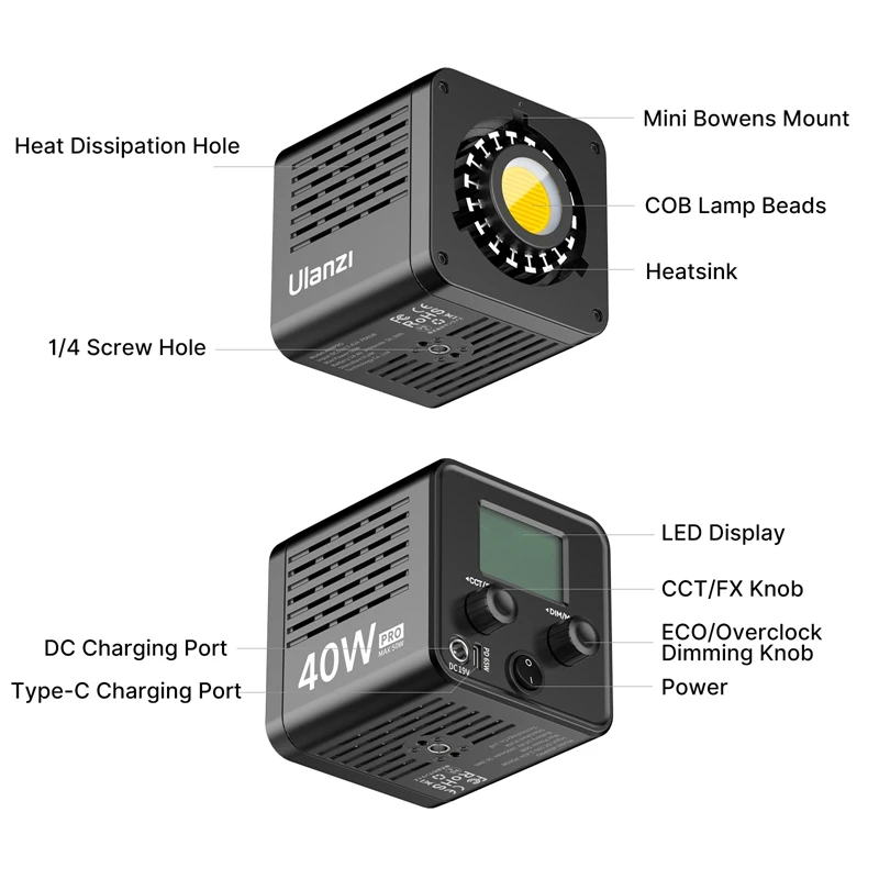 Ulanzi L023 40W Pro Video Light Bi-color COB Light Mini Bowens Mount Video Light 3400mAh 2500K-6500K with DC&Type-C Port