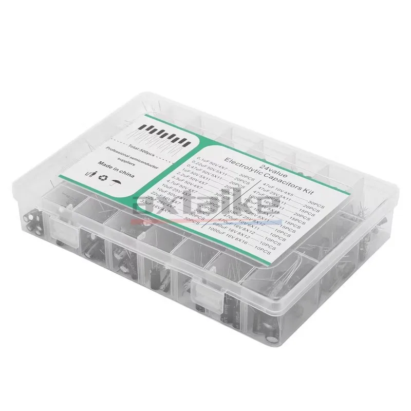 electrolytic capacitor 120/200/500Pcs 16V 25V 50V 0.1uF-1000uF Aluminum Electrolytic Capacitor Assorted Kit Box 1uF 4.7uF 10uF 47uF 220uF 330uF 470uF