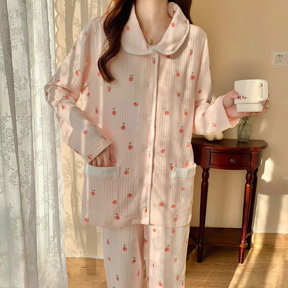 Long Sleeve Thick Warm Japanese Air Cotton Home Wear Women's Lapel Cardigan Casual Plus Size Set Spring Fall Lady Pink Sleepwear