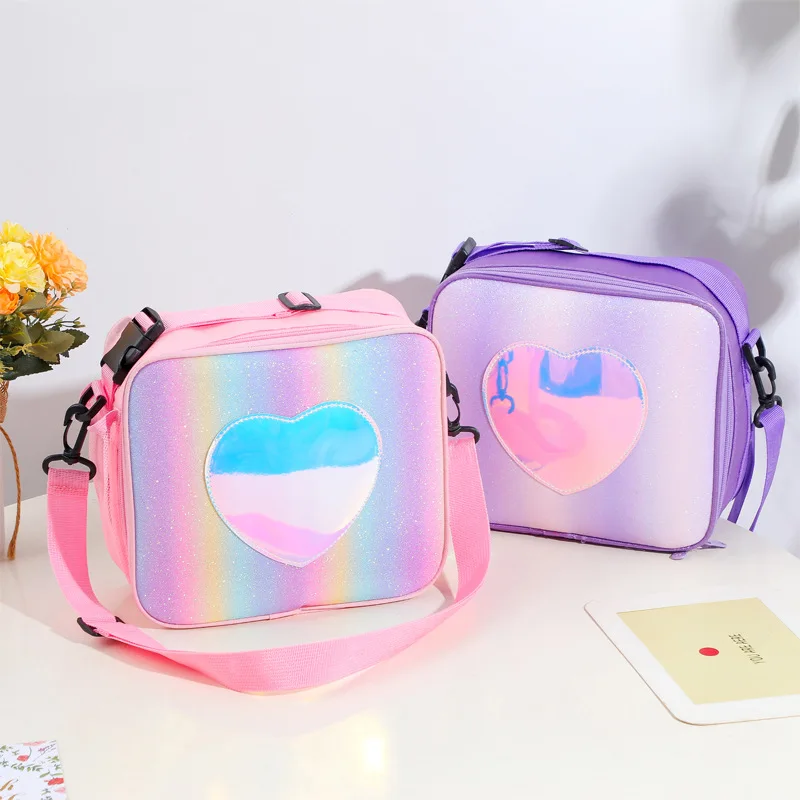 

Holographic Heart Lunch Tote Box Lunch Bag Container with Adjustable Shoulder Strap