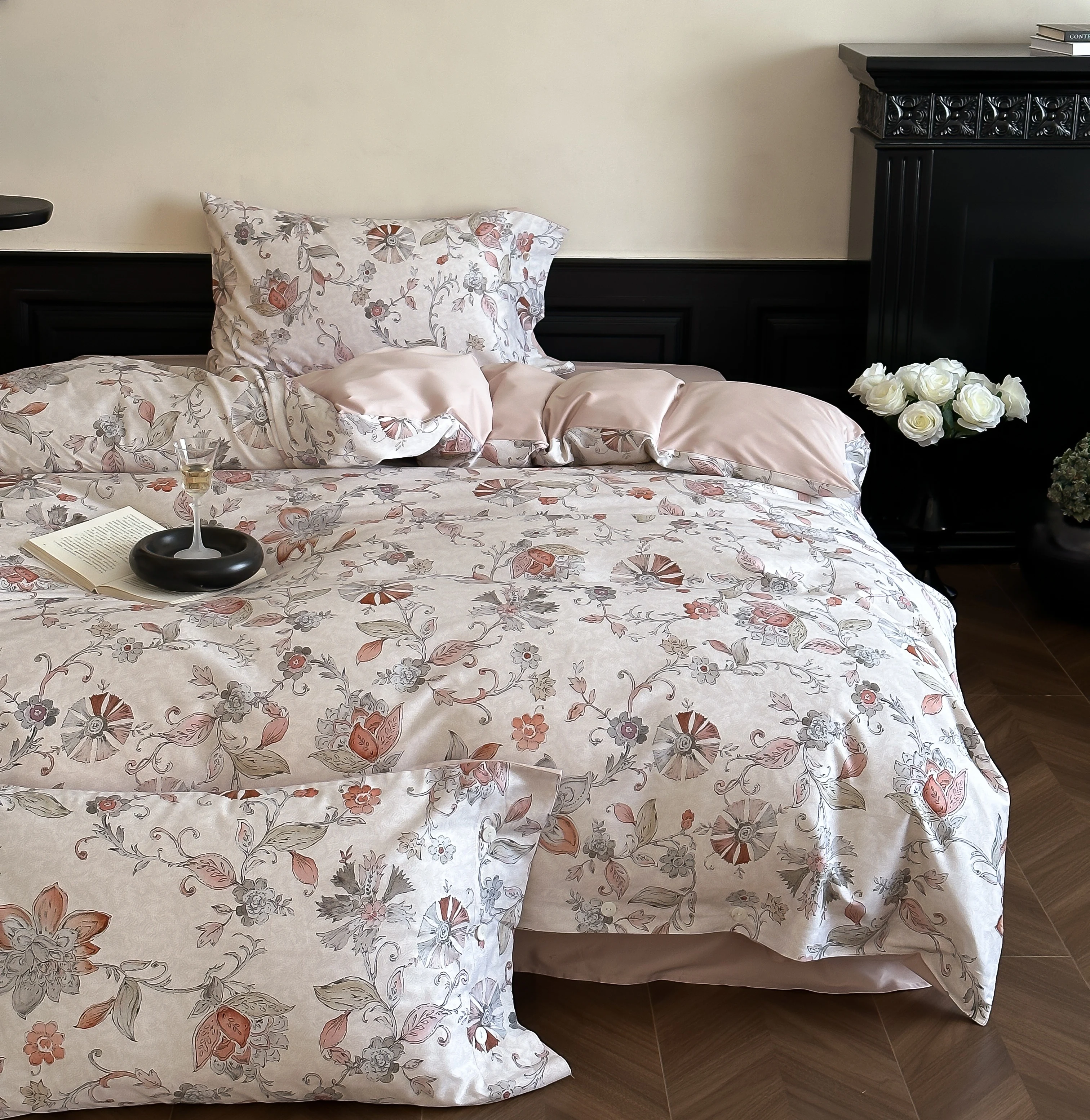 100% Cotton French Vintage Floral Duvet Cover Set Romantic Pastoral Bedding Set Elegant Rose Bed Linen King Queen Size 4Pcs 2