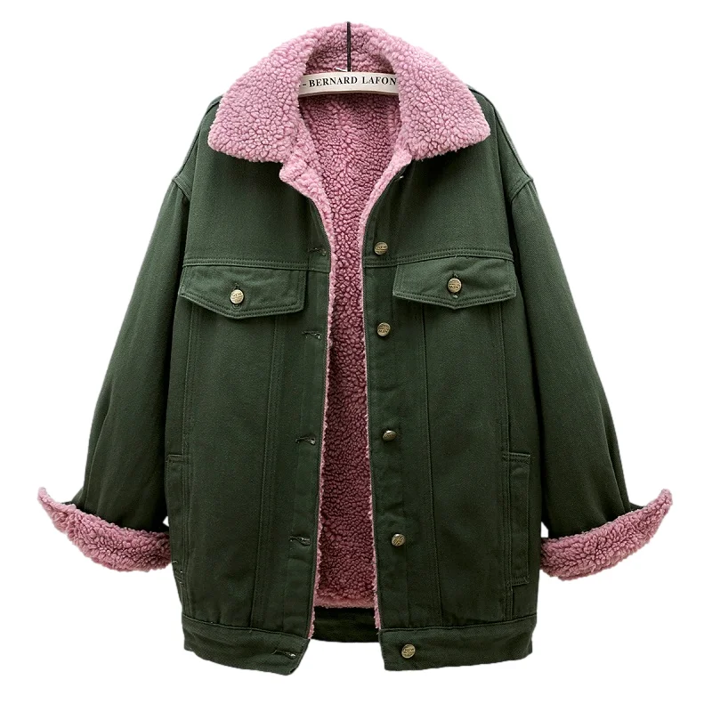 

Fashion Army Green Winter Thick Lambs Wool Liner Denim Jacket Women Cowboy Outerwear Loose Mid Length Jeans Jacket Coat Female