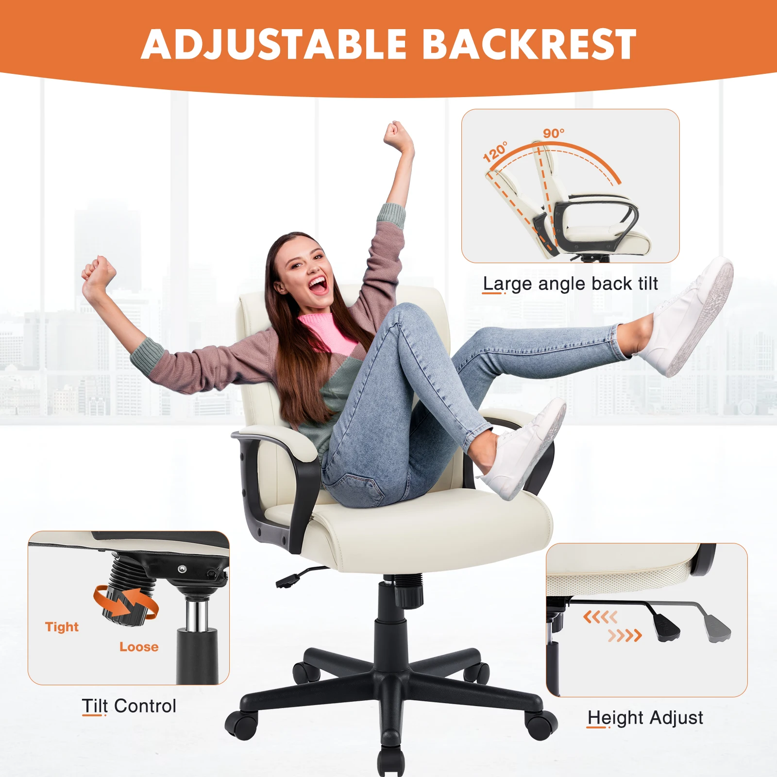 JHK PU Leather Ergonomic Padded Living Room Rocking Gaming Chairs Adjustable Height Rolling Swivel Wheel With Lumbar Support 4
