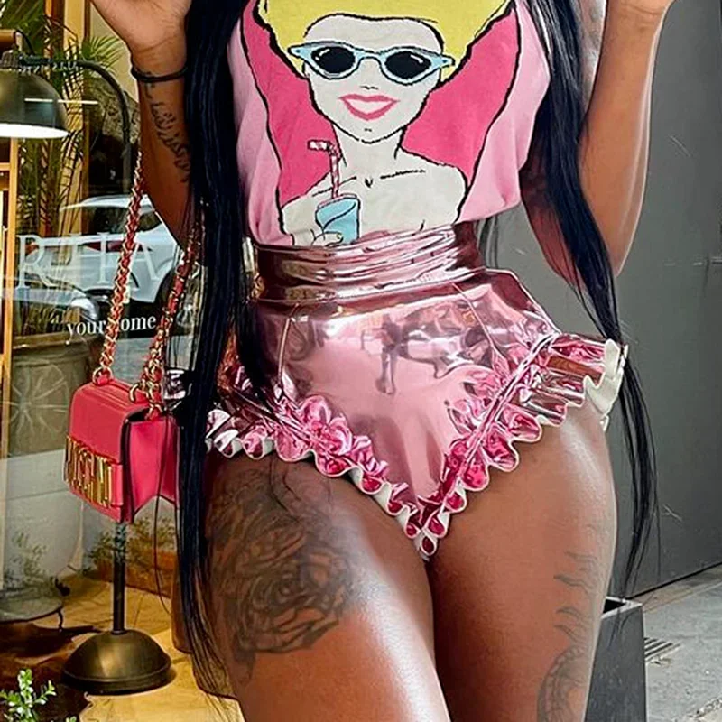 Sexy Mini Party Club Hot Shorts Women Summer 2024 Solid Zipper Fold Side Flare Shorts Female Ruffled PU Short Gold Casual