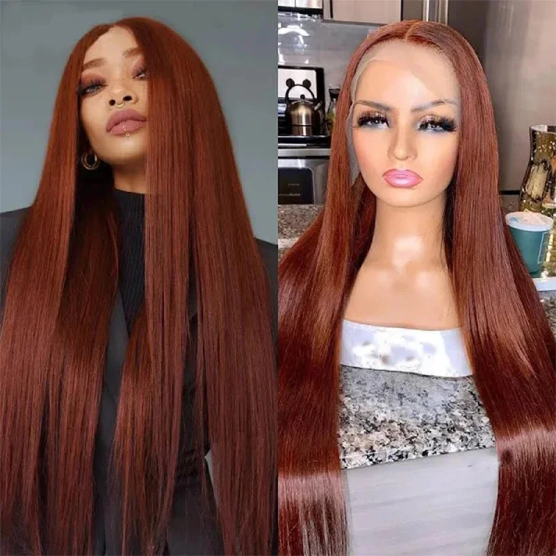 

Reddish Brown HD Lace Front Wig Human Hair 13X6 Straight Colored Human Hair Wigs 180% Full Density Copper Red Lace Frontal Wig