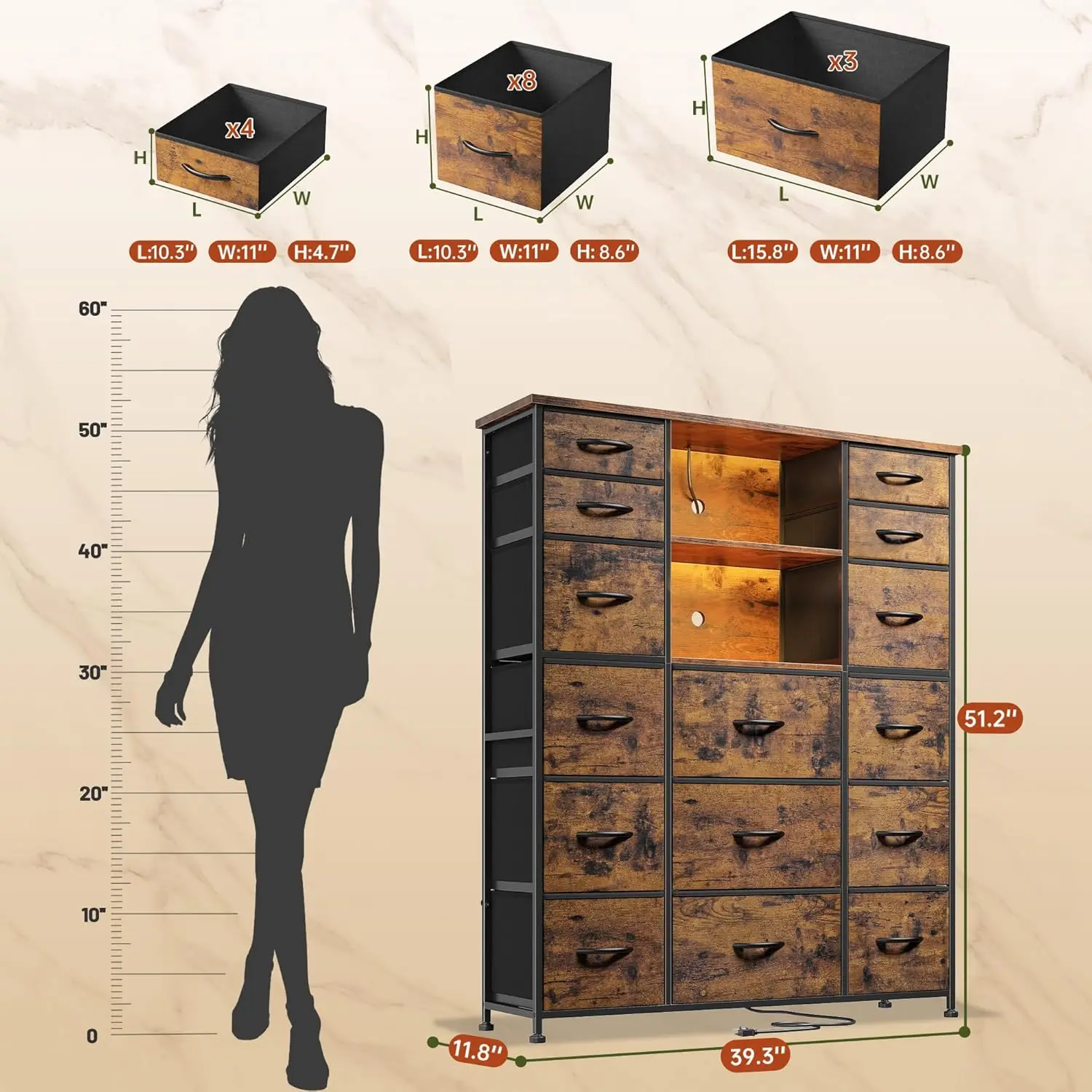EnHomee 15 Drawer Dresser for Bedroom with Hutch 51" H Tall Dressers with Charging Station & LED Lights Sturdy Fabric Bedroom Dr 3