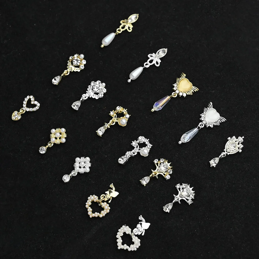 10Pcs 3D Dangle Nail Charms Nail Jewelry Rhinestones Heart Pearl Crystal Gems For Nail Art Decorations Metal Luxury Nail Charms