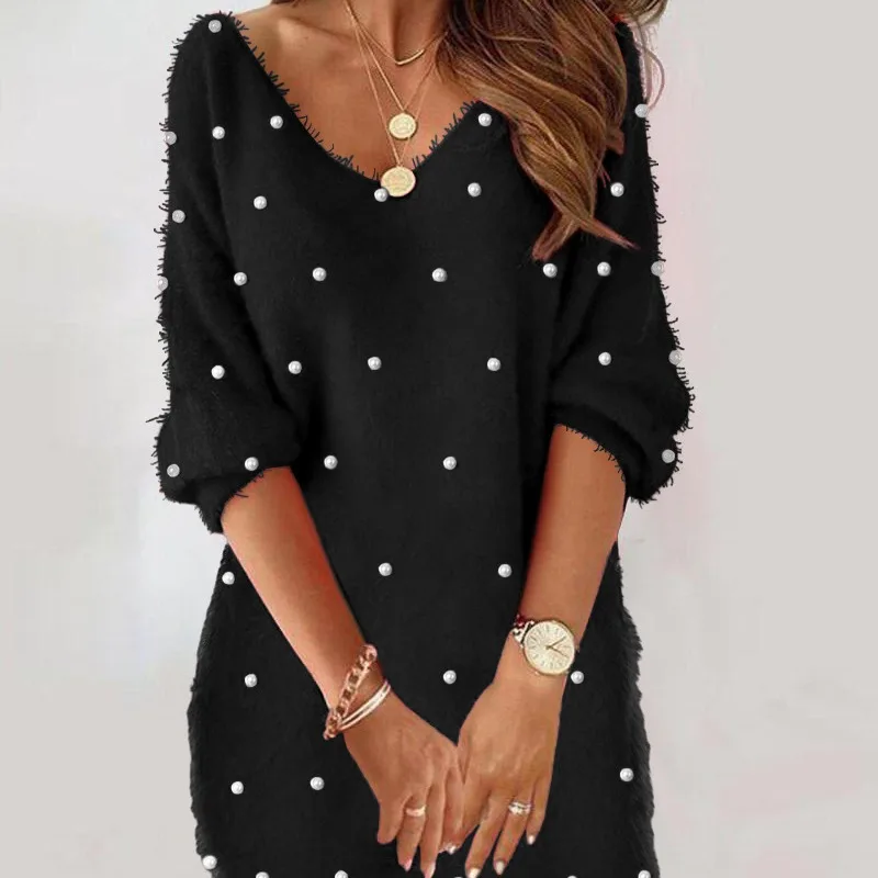 

2024 Autumn Winter New Women's Solid Color Foam Three-Quarter Sleeve V-neck Plush Dress