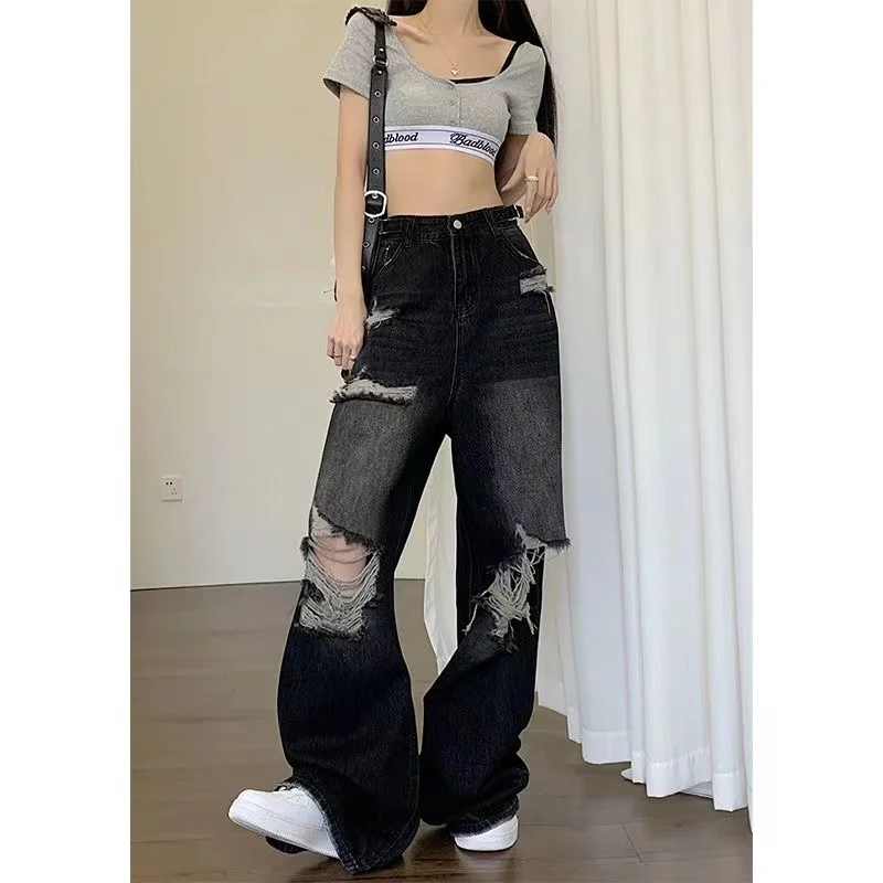 Jeans Women Black Wash Ripped Streetwear High Waist Baggy Harajuku Retro Fashion Summer Loose Wide Leg Straight Denim Trousers