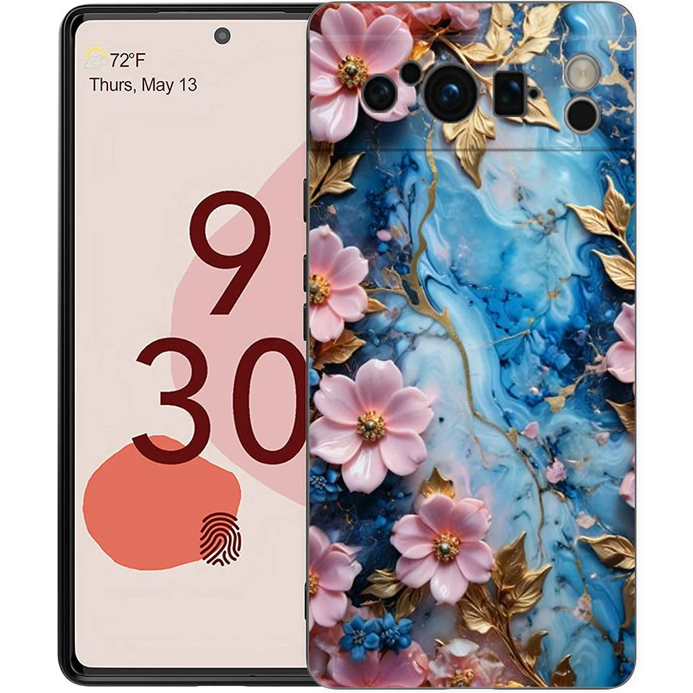 Elegant Flower Marble Design Shockproof Phone Case - Soft TPU Black Cover