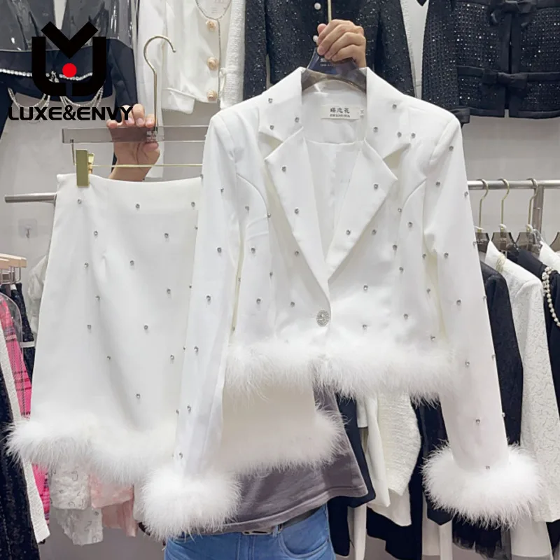 

LUXE&ENVY Light Luxury Heavy Industry Diamond Embedding Suit Coat Ostrich Hair Half Skirt Fashion Two Piece Set For 2023 Autumn