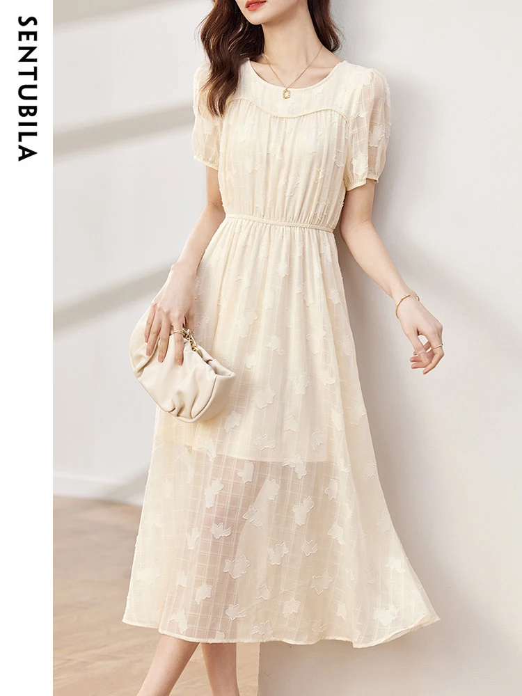 

SENTUBILA Elegant Vintage Aprico Dresses of Women 2023 Summer Fashion Floral A-Line Short Sleeve O-Neck Long Dress Female Dress