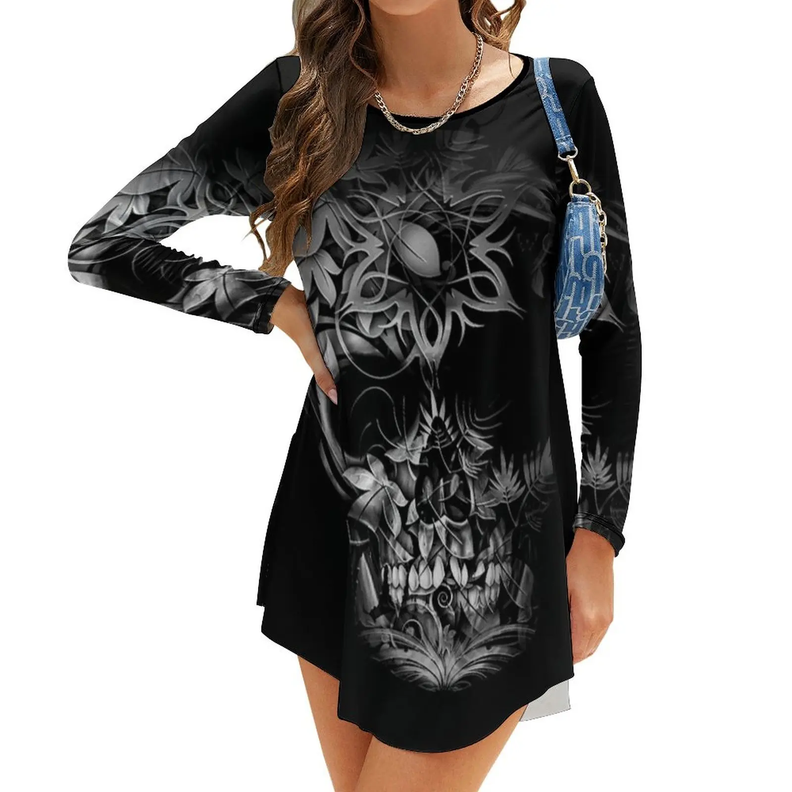

Chrome Flowers Skull Design Long-Sleeve Dress beach dress elegant evening dresses for women 2024 Dress for girls