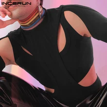 

INCERUN 2022 Sexy Casual New Men Rompers Fake Two-Piece Solid Comfortable Loungewear Cutout Half-Sleeve Triangle Bodysuits S-5XL