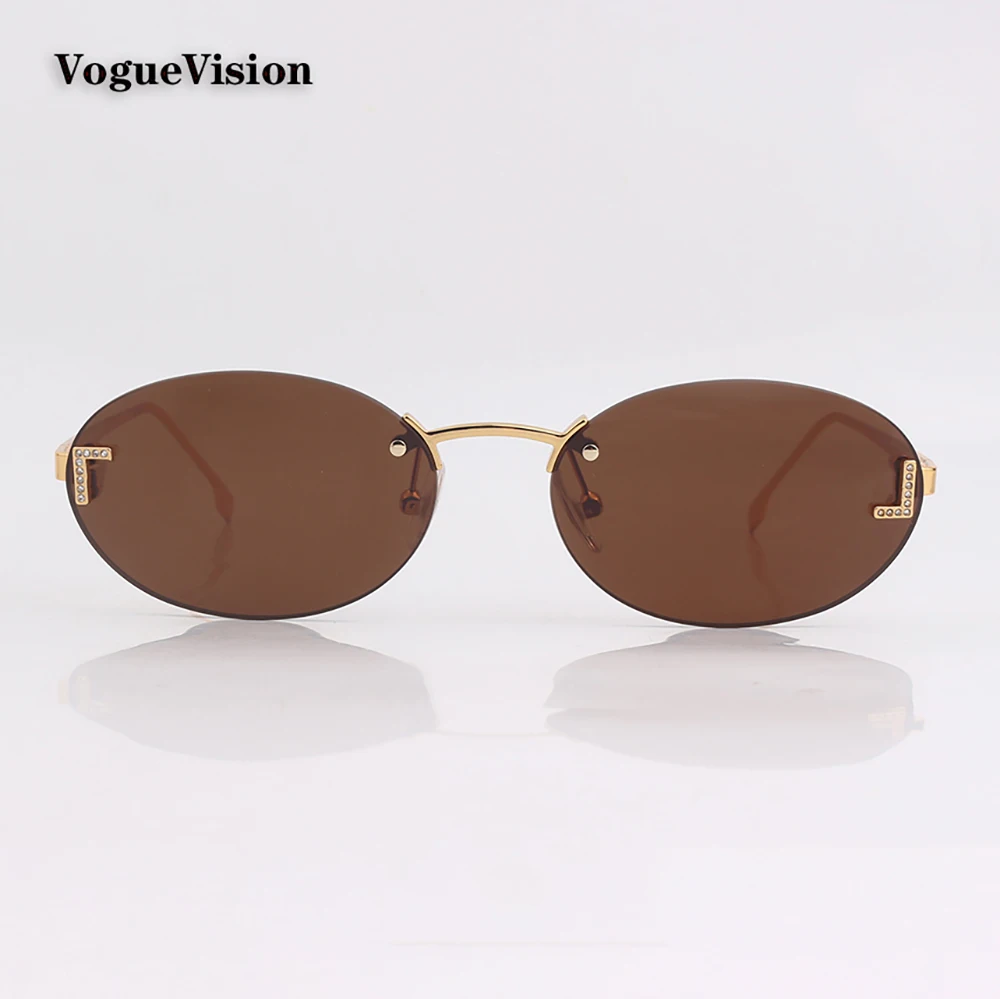 Gold Oval Rimless Sunglasses For Men And Women Uv Protective_voghion.com