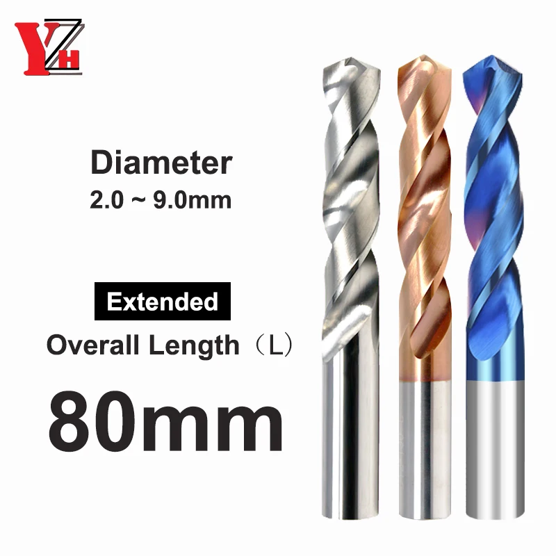 YZH Carbide Twist Drill Total Length 80mm Solid Tungsten Bits HRC50/55/65 CNC Straight Handle Drilling Hole For Metal Iron Steel yzh carbide twist drill total length 150mm solid tungsten bits hrc50 cnc straight handle drilling hole for metal iron steel