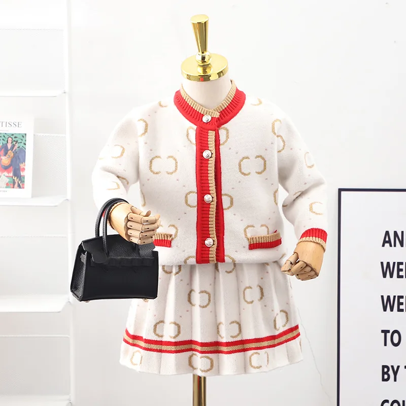 

2023 Spring Autumn New Girls Sweater Clothing Set Round Collar Knitting Cardigan+Pleated Skirt 2Pcs Suit For 2-6 Years