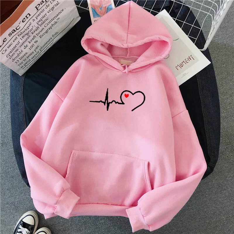 cute sweatshirts Harajuku Casual Women Hooded Hoodies Heartbeat Printed Sweatshirt Oversized Long Sleeve Korean Style Pullover Loose Streetwear matching hoodies Hoodies & Sweatshirts