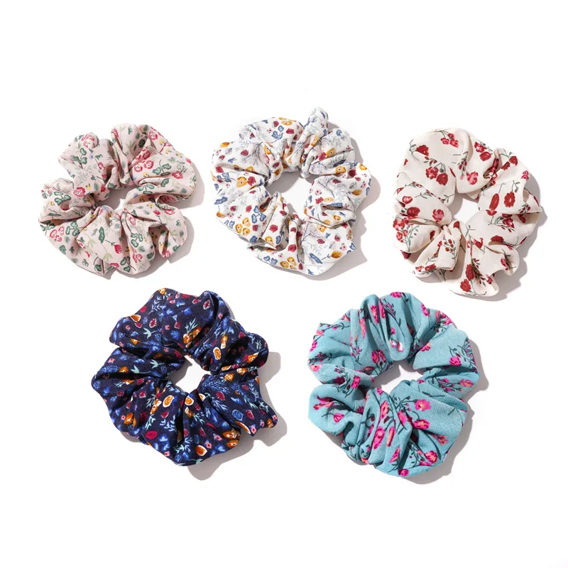 

Sweet French Style Floral Printed Large Intestine Scrunchies Elastic Cloth Hair Rope Ponytail Hair Circle Female Hair Accessory