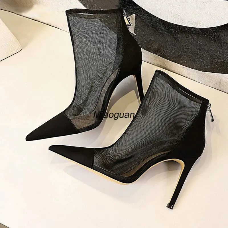 

New Spring Autumn Sexy Mesh Women Ankle Boots Pointed Toe Fashion Zip Ladies Party Stiletto High Heels Stripper Shoes Size 34-40