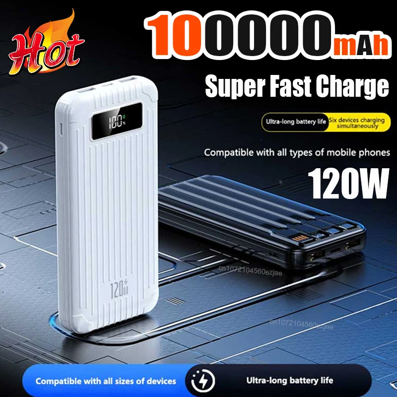 120W 100000mAh Capacity Power Bank Large Capacity Super Fast Charging External Battery Built In 4 Wires For IPhone Huawei_voghion.com