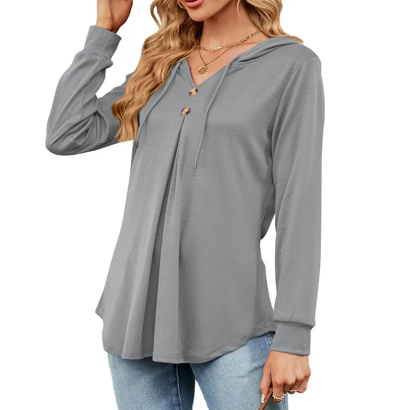 Autumn New Solid Color Long Sleeve V-Neck Spliced Button Loose Hooded Fashion Casual Simplicity Office Lady Pullover Sweatshirts