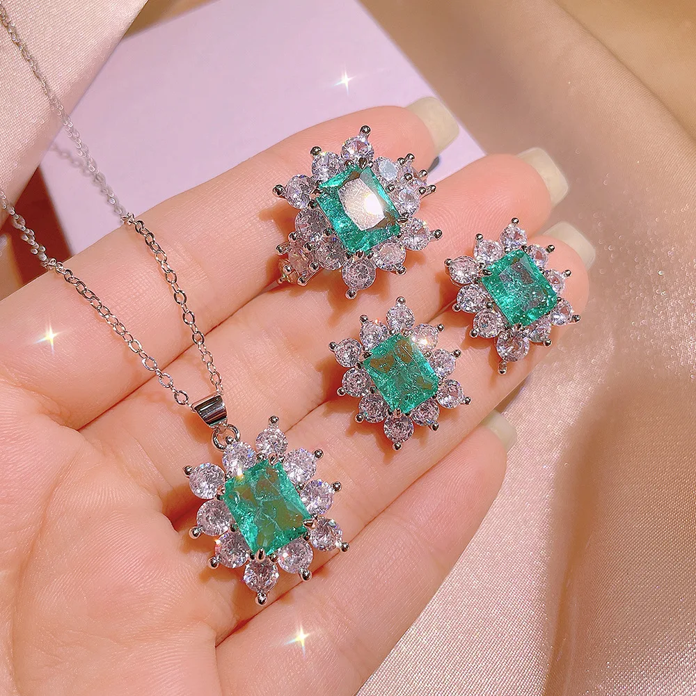 High Quality Paraiba Tourmaline Blue Stone Aquamarine Earring Pendant Necklace Ring Wedding Jewelry Sets For Women