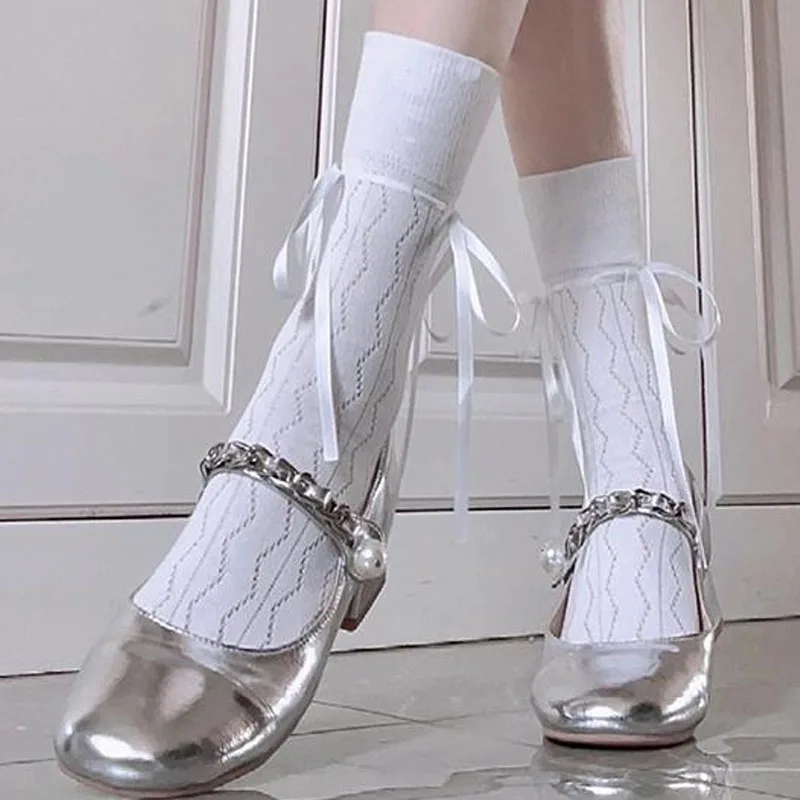 

Fashion Ballet Ribbon Socks JK Socks lolita Socks Women's Mid-thigh Socking Summer Thin Mesh Solid Color Cotton Loose Sock