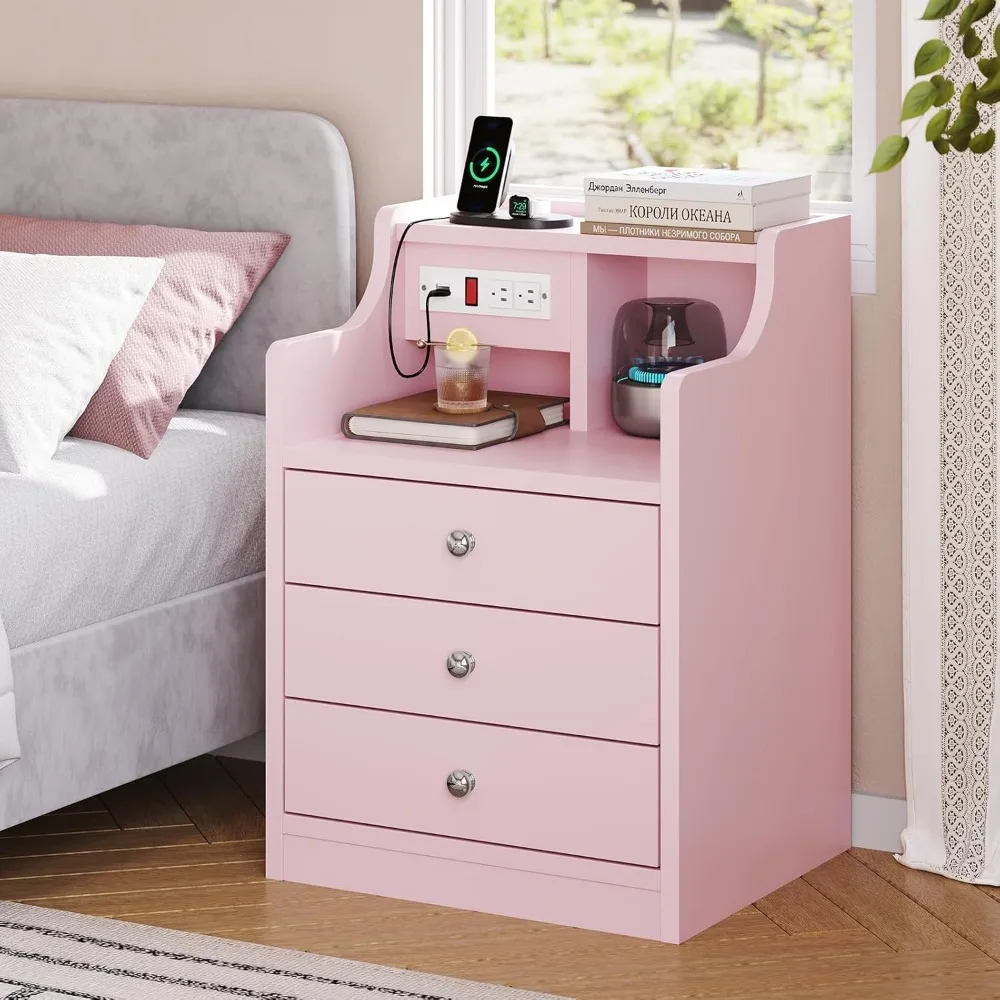 Night Stand Set 2,Pink Nightstand with Charging Station & Hutch,Night Stands for Bedrooms Set of 2,Bedside Table with Drawers 5