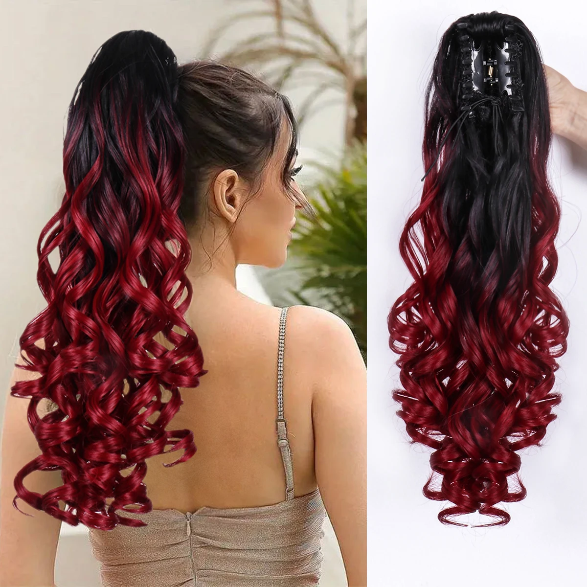 1 Pieces Heat Resistant Fiber Long Curly Wavy ponytail wig gradient 20 Inch Full Machine Made Young Stylish Wigs clip in ponytail hair extension,synthetic ponytail,synthetic hair accessories,clip in ponytail extensions