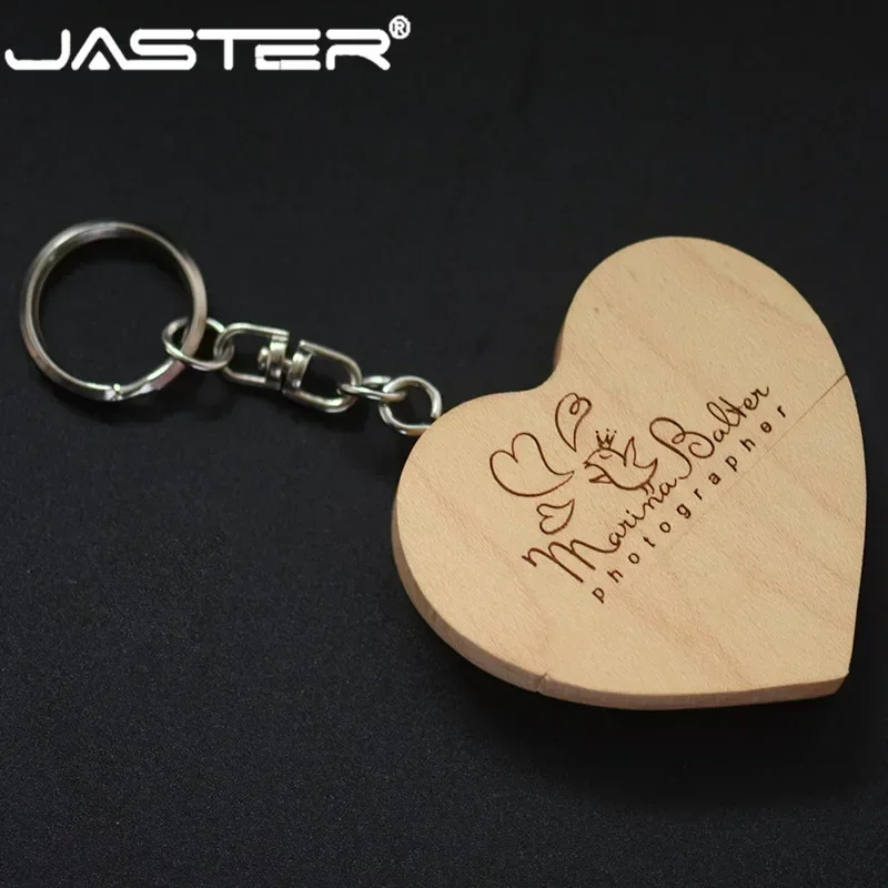 JASTER Free Custom Logo Walnut Wooden Heart + Gift Box USB Flash Drive 8GB-64GB Memory Stick U Disk