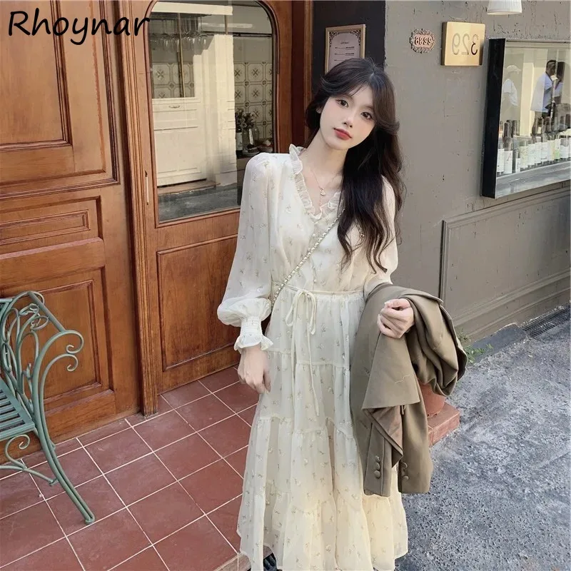 

Long Flare Sleeve Dresses Women Floral Elegant Gentle Ruffles Lace-up Designed Spring Sweet Girls Popular Korean Style Daily