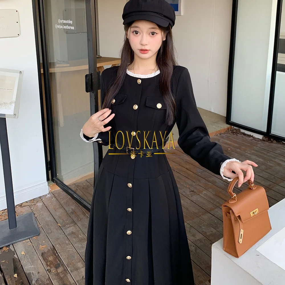 

Hepburn style black long sleeved fake two-piece dress for girlfriends waist up small black dress oversized women's new style