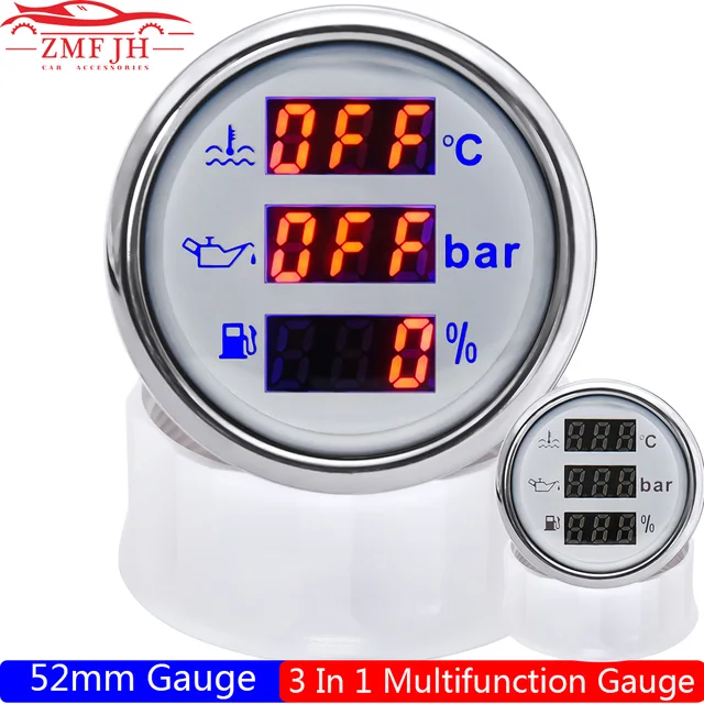 2 52mm Auto Car Multifunction Gauge 3 In 1 Water Temperature+Oil Press+Fuel Gauge Water Temp+Oil Press+Voltmeter with Red LED