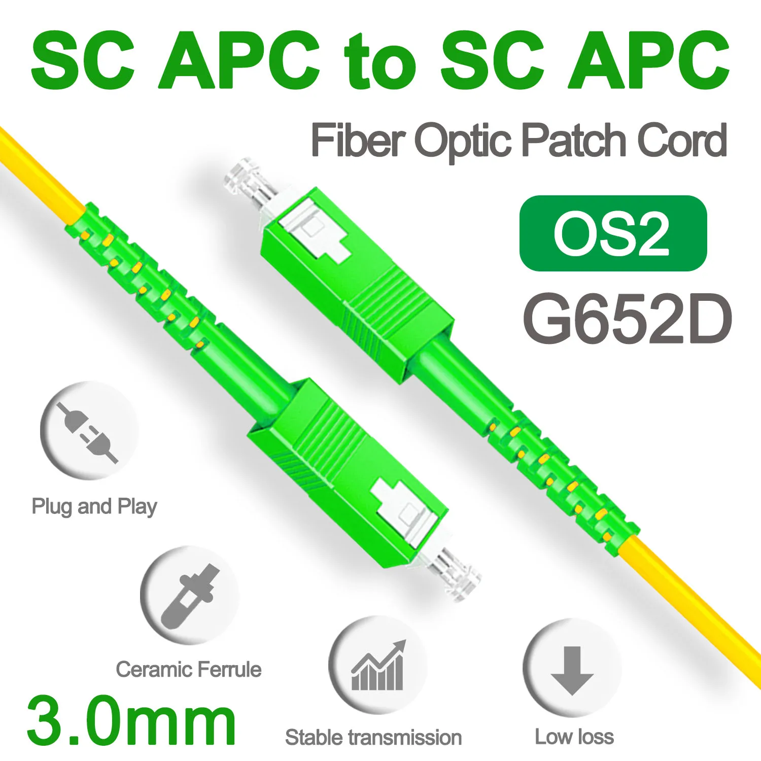SC APC Fiber Optical Patch Jumper Cable 3.0mm OS2 Cord Singlemode Simplex 1m 3m 5m PVC G652D SM 1310/1550nm FTTH fiber optic cable