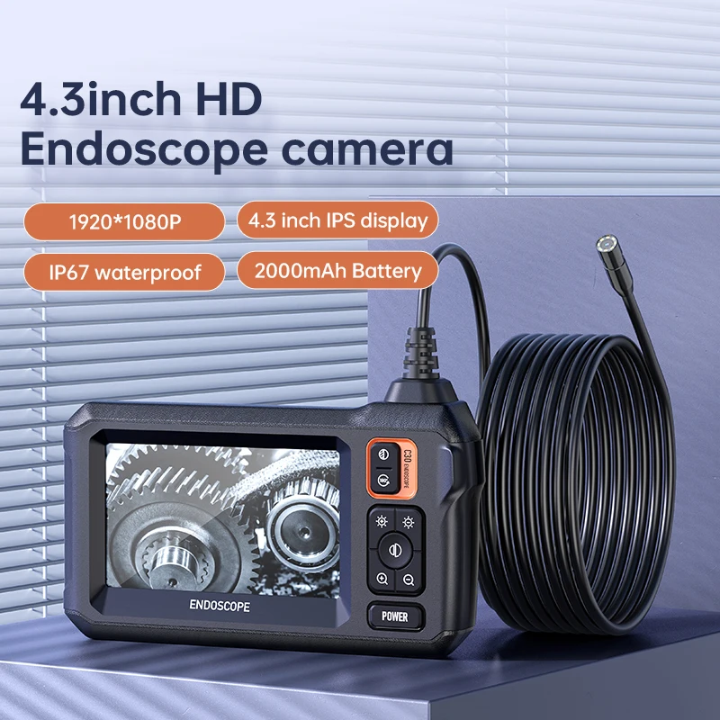 Industrial Endoscope Camera 4.3inch IPS Screen 8mm HD1080P IP67 Waterproof 8 LED Light Inspection Borescope for Pipe Car Repair