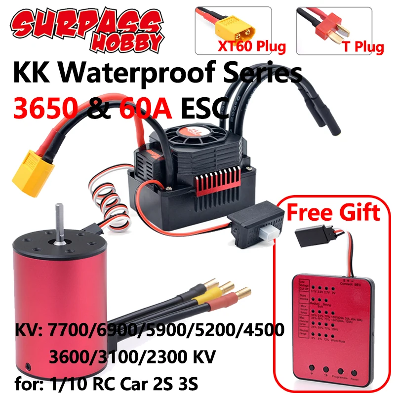 Surpass Hobby KK ESC Brushless Motor 3650 2300/3100/4500/5200/7700KV with 60A 80A ESC XT60 Plug Programming Card for 1/10 RC