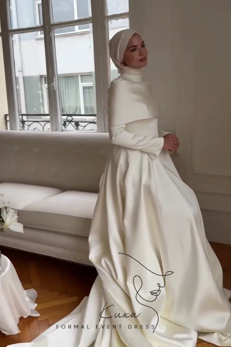 KUXA Customized Muslim Elegant Wedding Dresses A-Line Floor-Length Full Sleeves Buttons Pleated فساتين طويلة 2026