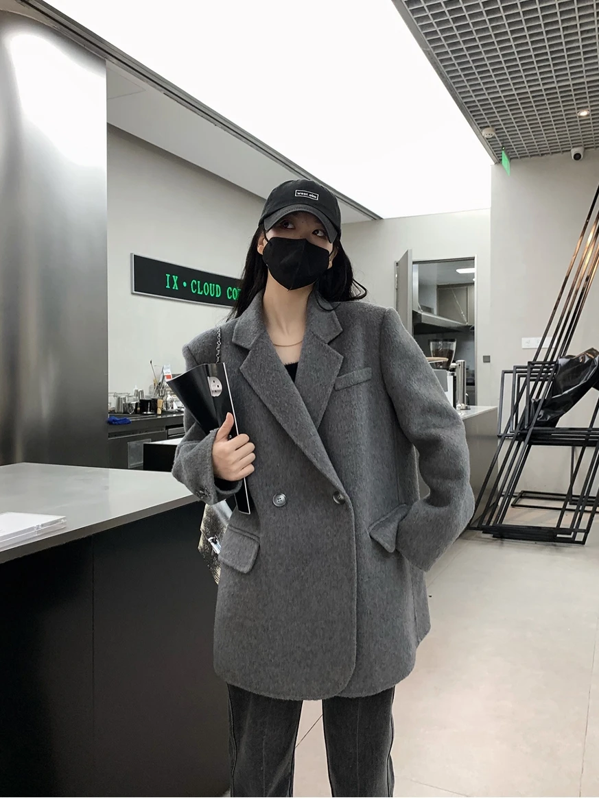 Gray Woolen Blazer Women's Thickened Warm Double-Breasted Lapel Mid-Length Fashion All-Match Autumn  Winter High-Grade Overcoat