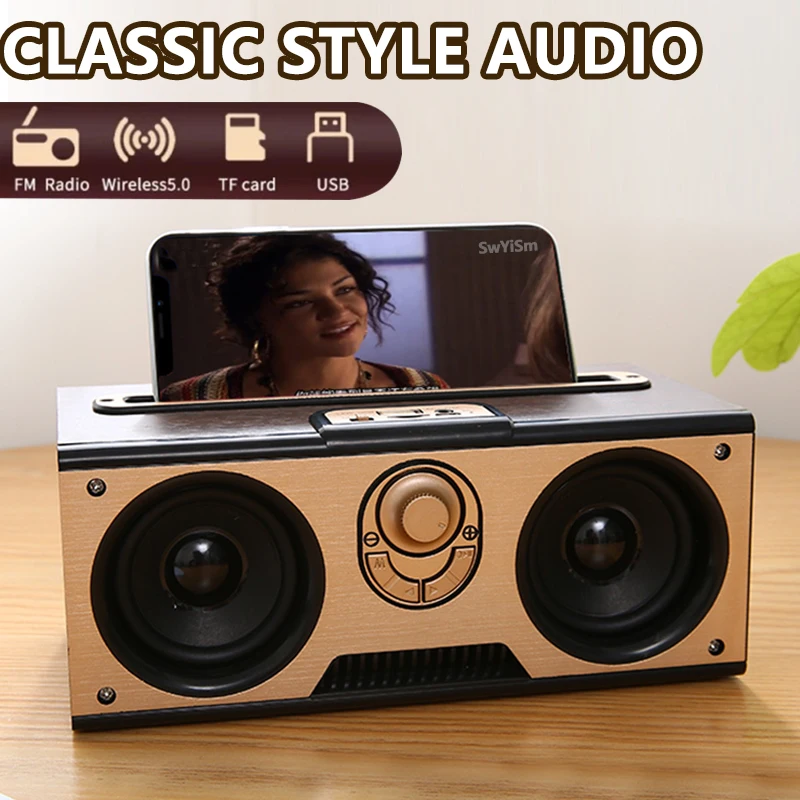 

Retro Wood Grain Bluetooth Speaker TWS Wireless Home Subwoofer Outdoor Portable Column FM Radio Gift Mobile Phone Stand Audio TF