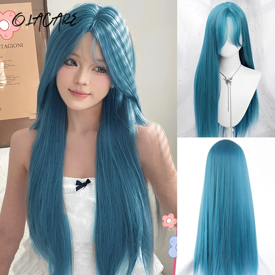Synthetic Blue Green Straight Wigs with Bangs for Women